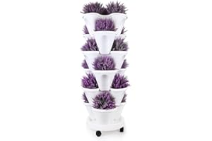 T4U Stackable Vertical Planter Set with Rolling Plant Caddy - 6 Tier Garden Tower Ideal for Growing Strawberries, Herbs, Flowers, Indoor/Outdoor Porch Decor (6 Stacking Pots+Plant Dolly)