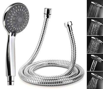 Duschkopf mit Schlauch, Lypumso Handbrause mit Edelstahl - Schlauch, 5 Strahlarten Universal Hand Dusche Bad Dusch Kopf, Chro