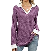 BAISHENGGT Women's Contrast Collared Shirts Casual Long Sleeve Ribbed Fall Tops Lightweight Tunic Sweaters