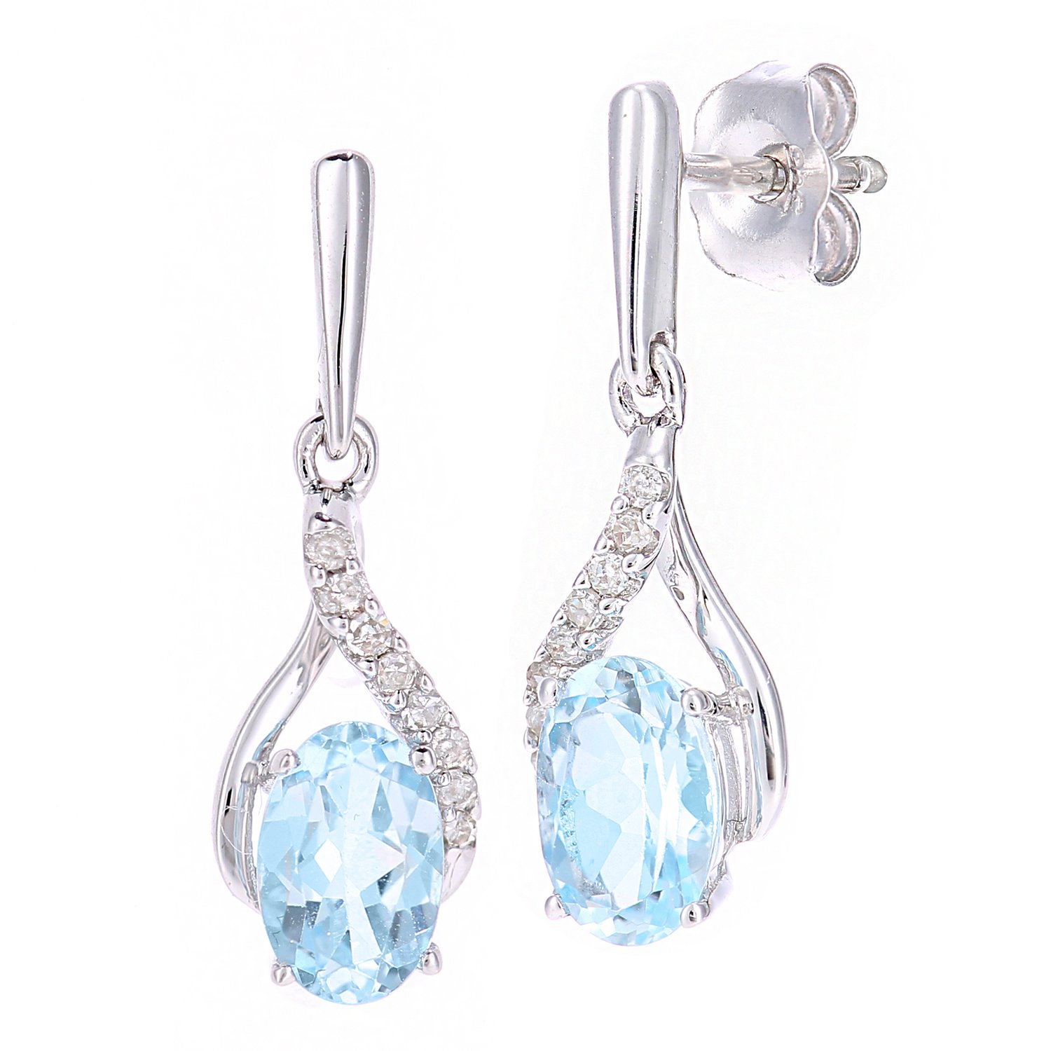 Naava 9ct White Gold Oval Blue Topaz and Diamond Twist Drop Earrings of 46cm