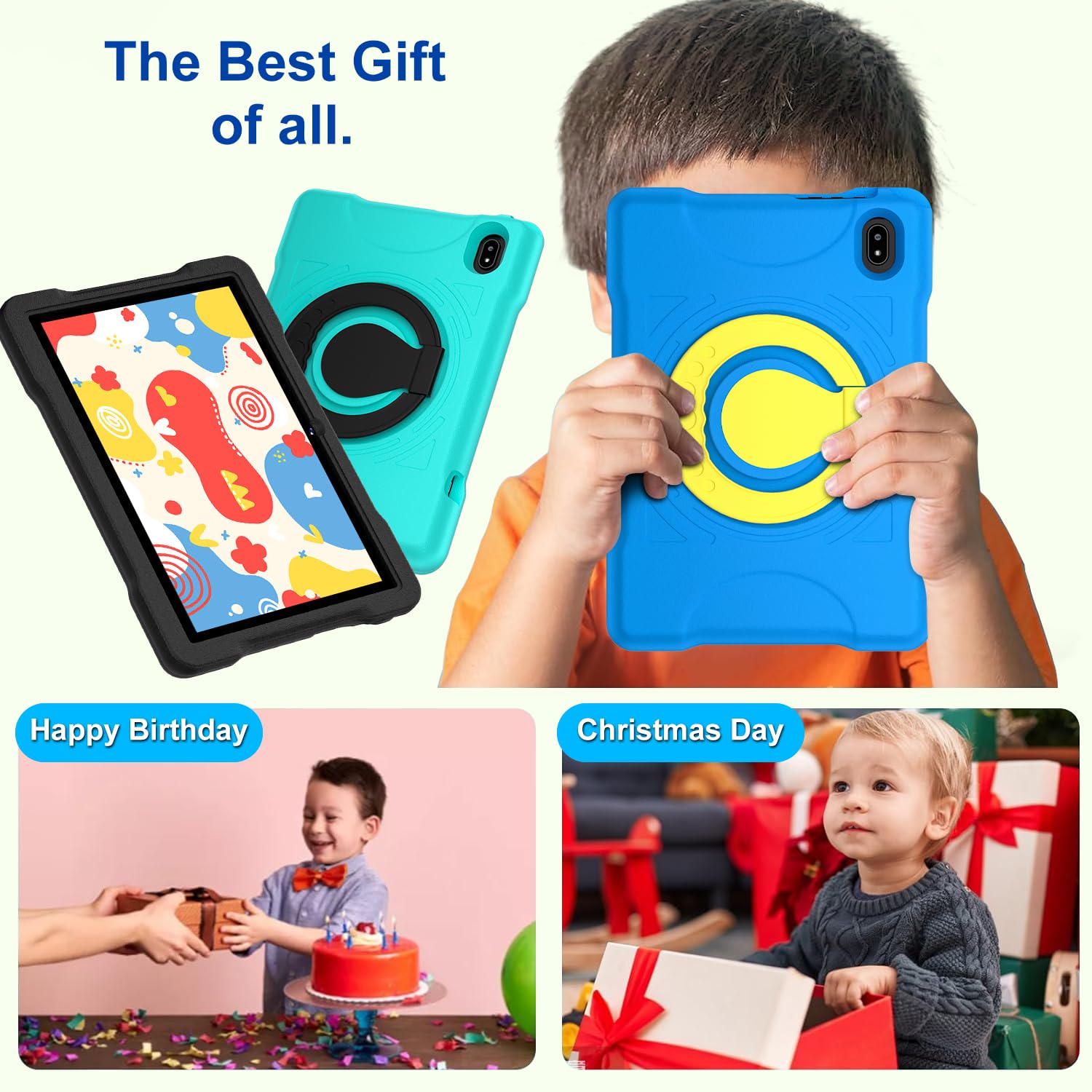 Kids Tablet Android 14, 10.1 inch Tablet for Kids, 20GB+128GB/1TB Expandable, Android Tablets with WiFi 6, Octa-Core, Parental Control, BT5.0, 360° EVA Case - Green