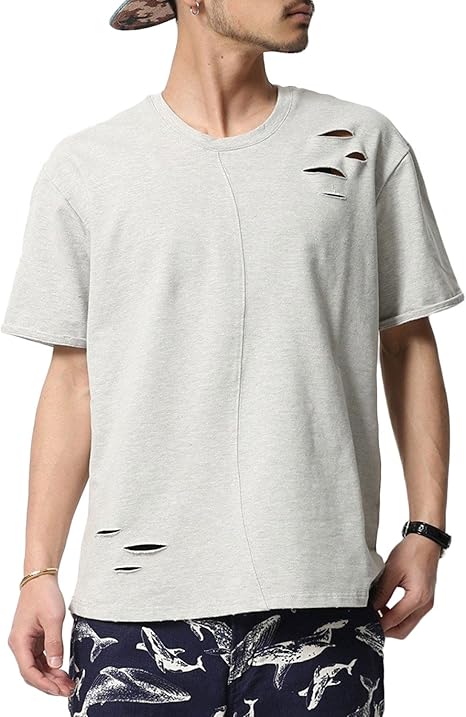 Amazon スウェットtシャツ メンズ 半袖 ロンt ダメージ加工 L アイスグレー Tシャツ カットソー 通販