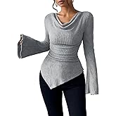 Bell Long Sleeve Cowl Neck Tops for Women, Y2K Ruched Asymmetrical Ribbed Fitted Shirts Going Out Fall Clothes