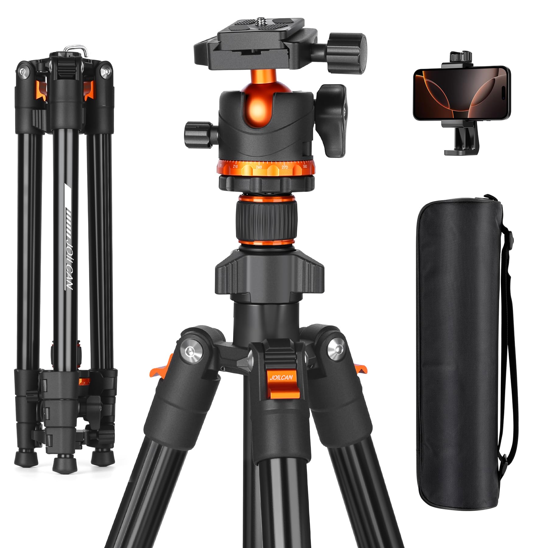 Photo 1 of JOILCAN 66" Camera Tripod, Travel Tripod for Camera with 360° Ball Head & Phone Holder, Lightweight Compact Tripod for DSLR/Smartphone Photography, Max Load 22lbs