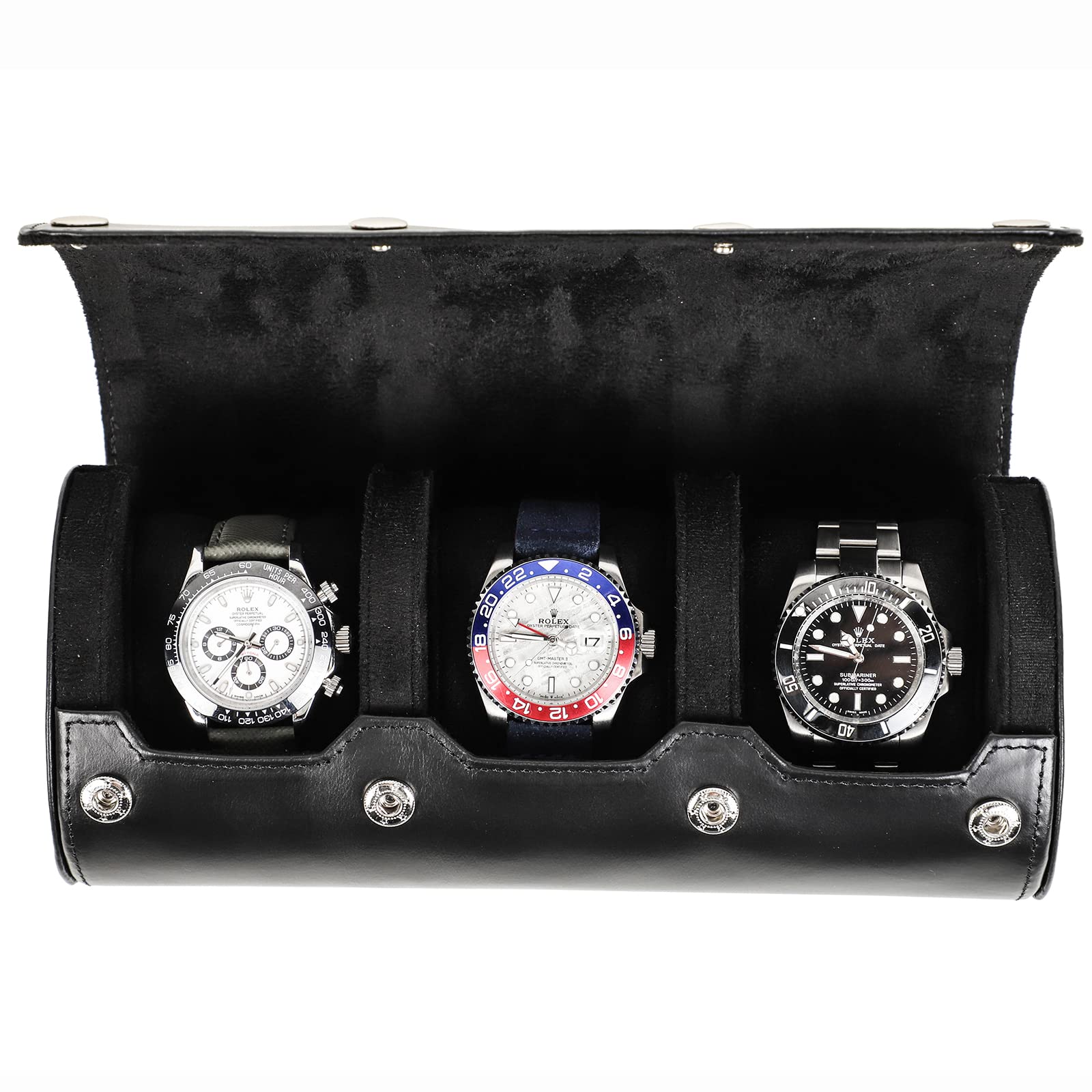 CONTACTS Genuine Leather Travel Watch Case Roll,Watches Organizer Box for 3 Watch Protective Portable Sleeve Watch Display for Travel Vintage (Black-CF1135)