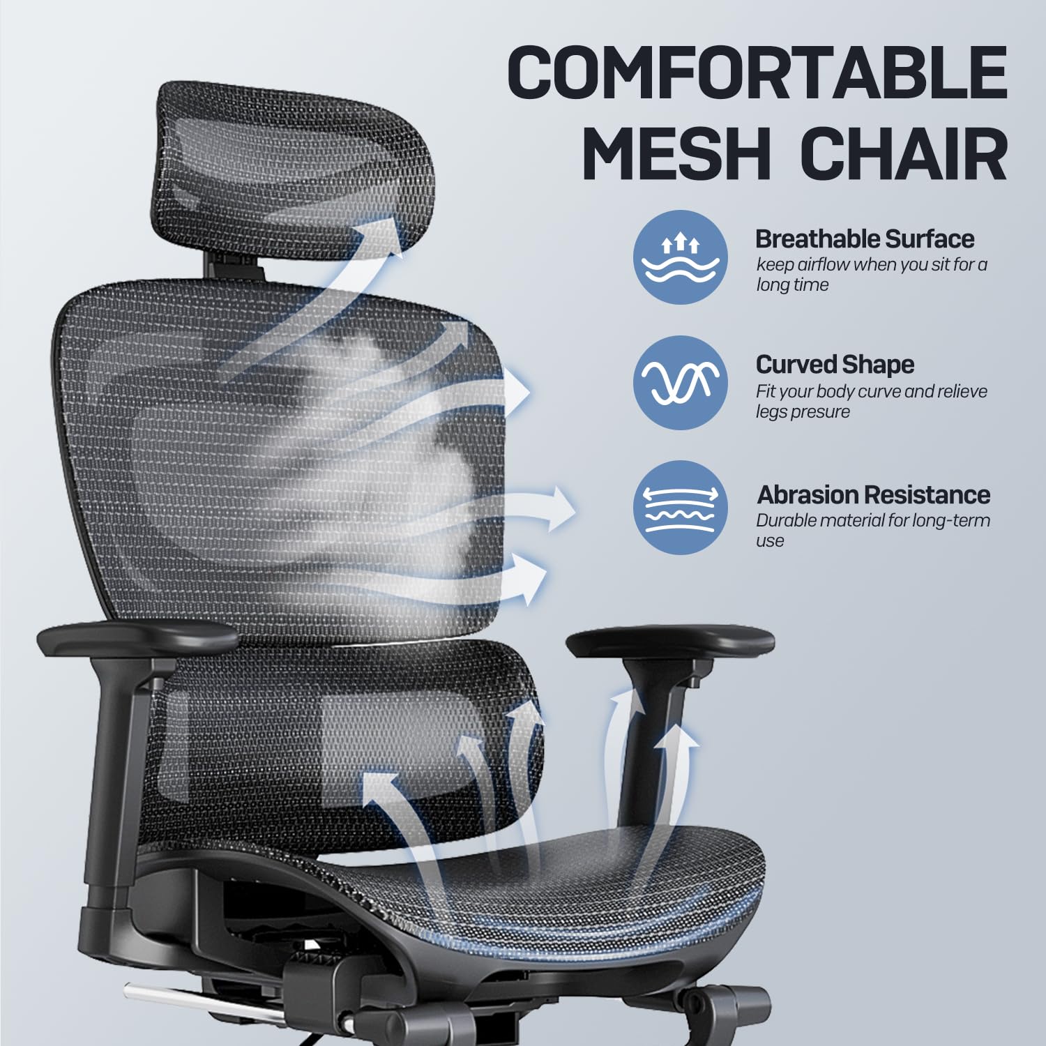 Ergonomic Office Chair, Breathable Mesh with Adaptive Lumbar Support, 3D Headrest, Armrests, Retractable Footrest, and a Six-Position Adjustable Backrest, Black - Image 8