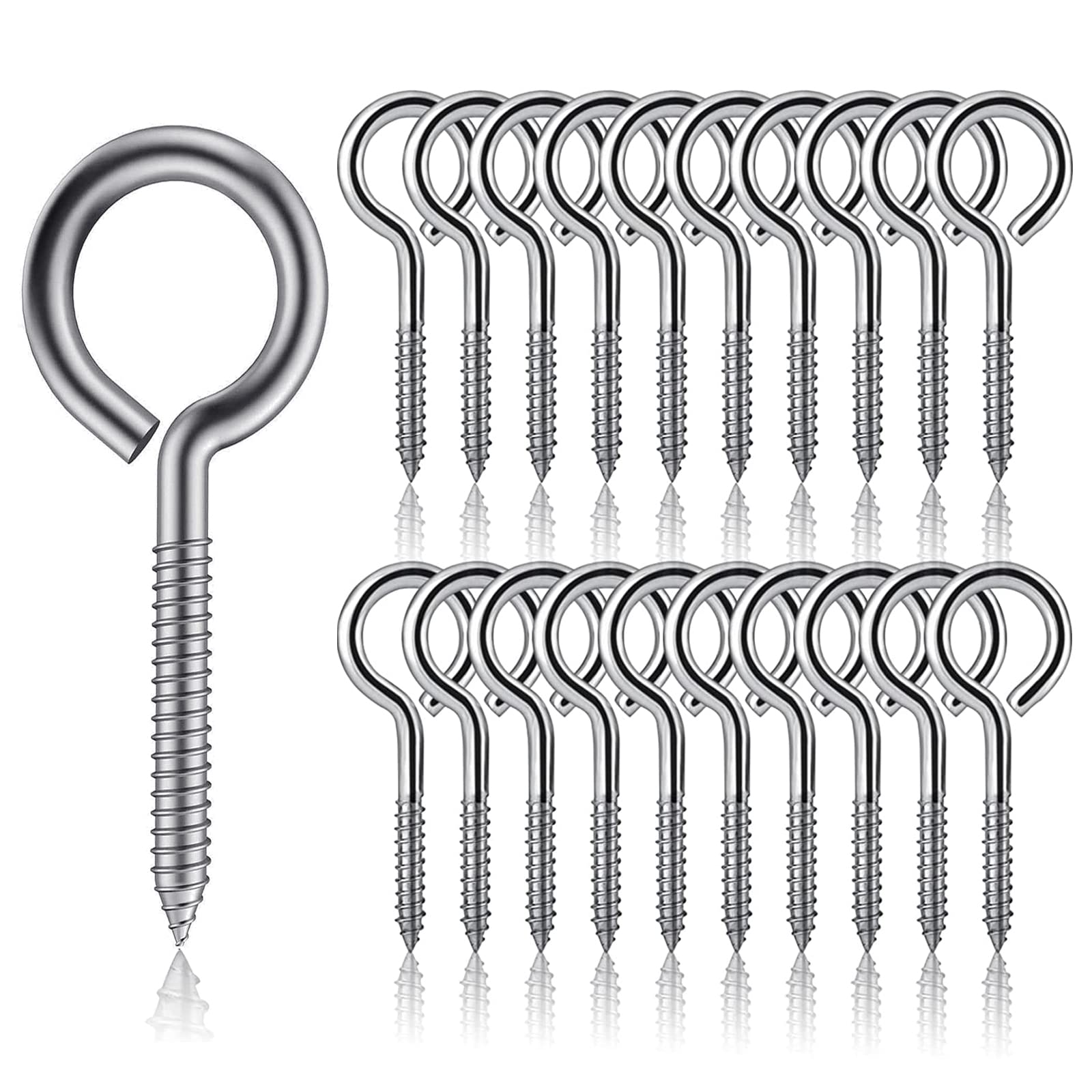 ZEACCT 20PC 304 Stainless Steel Eye Screws, 55mm (2.1 Inch) Heavy Duty Screw Hooks, Rust-Proof Metal Hanging Rings for Indoor & Outdoor Use, Small Eyelet Bolts for DIY & Construction