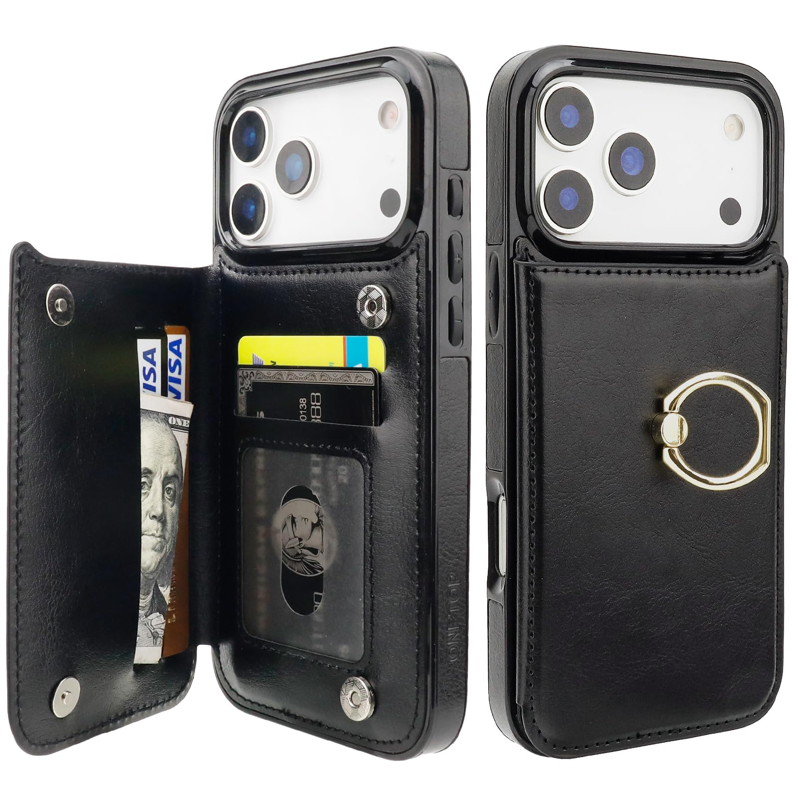 ONETOP for iPhone 17 Pro Max Wallet Case with Card Holder, 360° Rotation Ring Kickstand RFID Blocking PU Leather Double Magnetic Clasp Shockproof Cover for Women and Girls 6.9 Inch (Black)