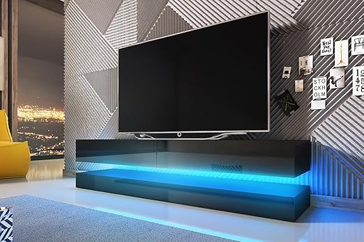 Selsey Aviator - TV-Board in Schwebeoptik / TV-Hängeschrank / Fernsehschrank Schwarz matt / schwarz Hochglanz mit LED blau, 1
