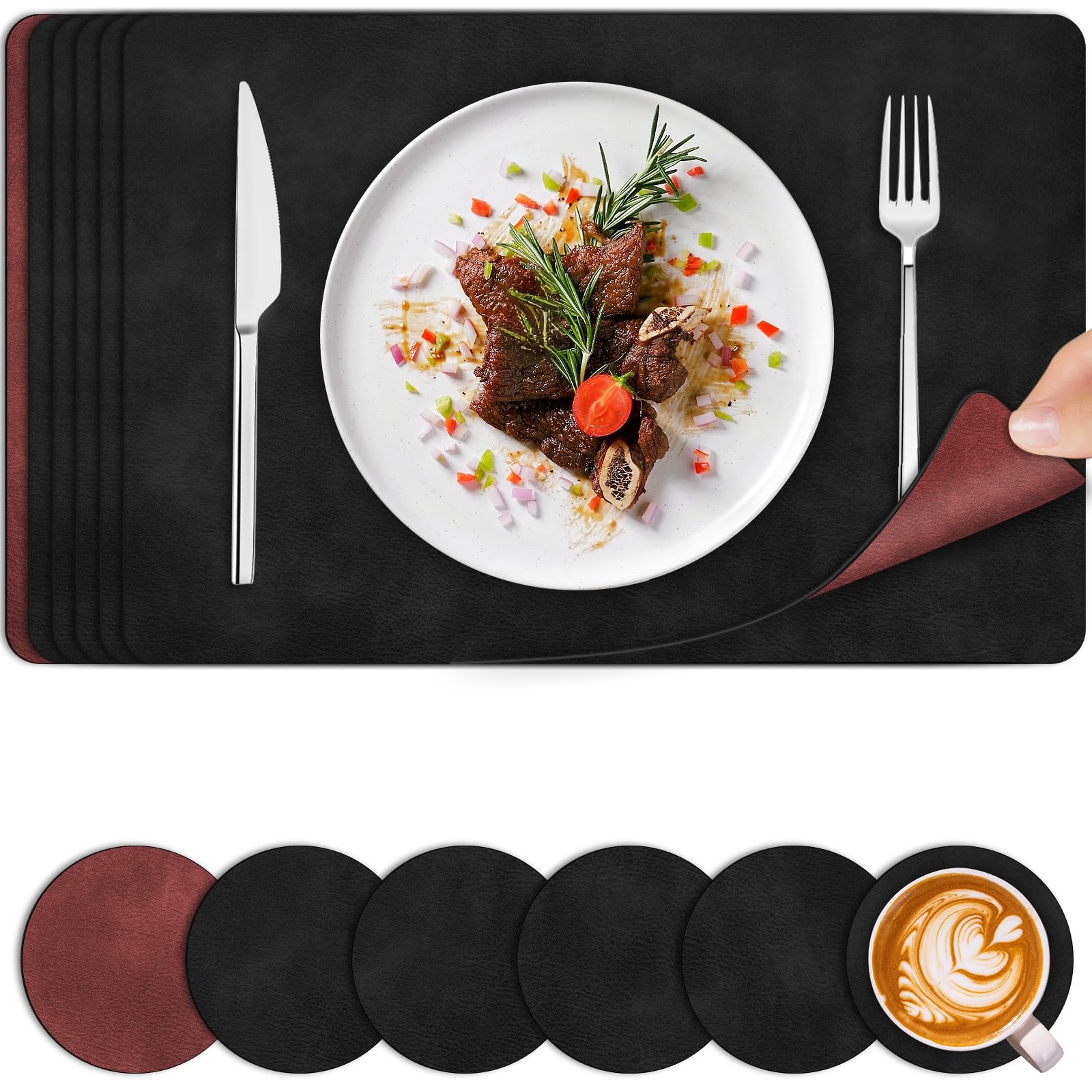 Table Mats Set of 6, Large PU Leather Placemats and Coaster Sets 6, Place Mats Heat Resistant Washable Wipe Clean, Non-Slip Square Table Placemats Set of 6, for Dining Party Home Restaurant, Black Red