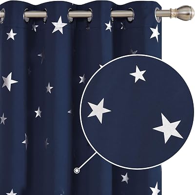 Deconovo Star Printed Thermal Blackout Curtains Eyelet Top Navy 52 x 72 1 Pair
