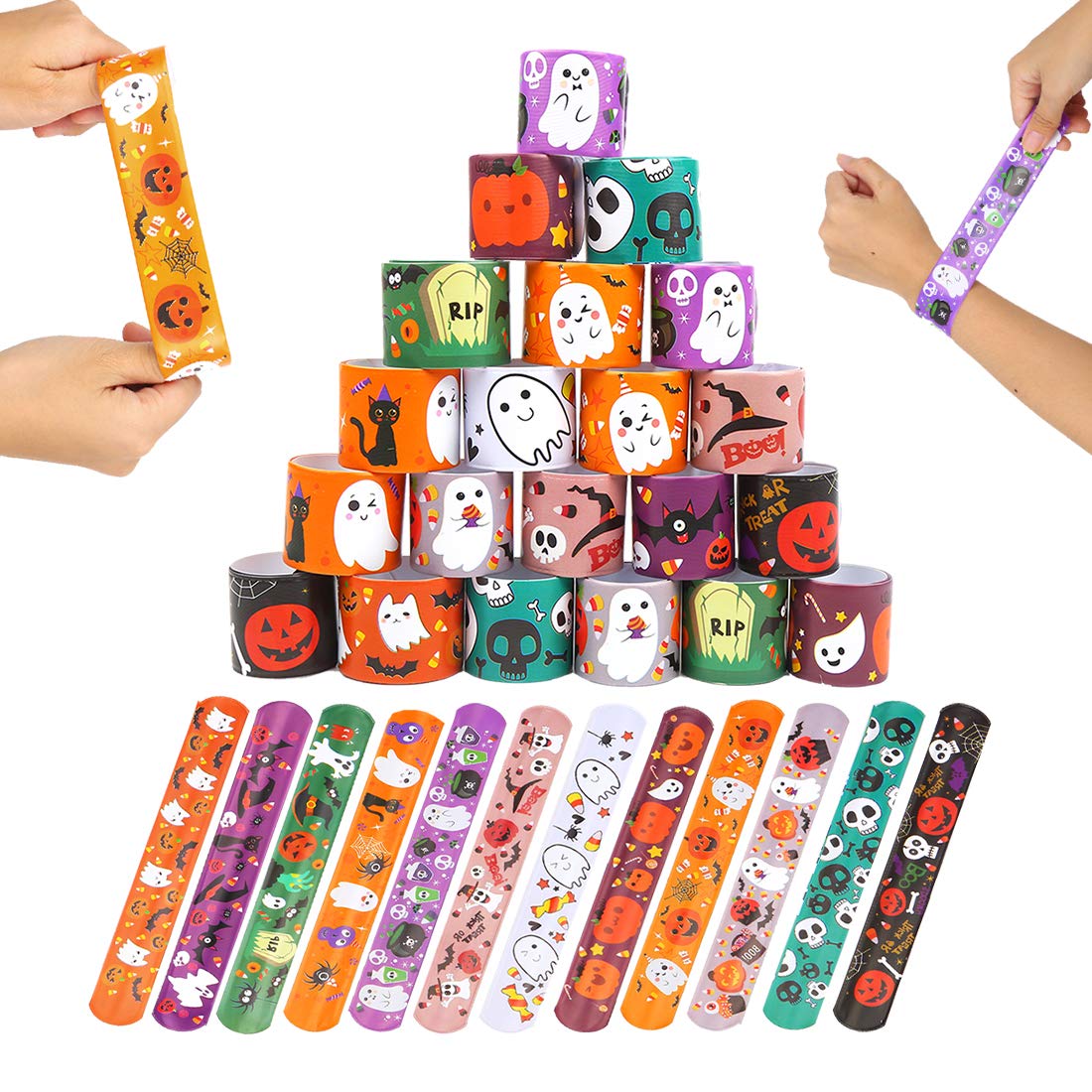 VEYLIN 24 Pieces Halloween Slap Bracelets Wristbands with Pumpkin, Ghost, Spider, Bat, Skeleton Designs, for Kids Halloween Party Favors, Classroom Prizes, Trick or Treat Gifts (Assorted 12 Styles)