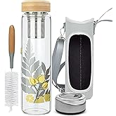 Reeho 32oz Borosilicate Glass Water Bottle with Tea Infuser, Tea Tumbler with Strainer, Reusable Travel Mug with Sleeve & 2 Lids, for Hot or Cold Drinks, Loose Tea, Fruit