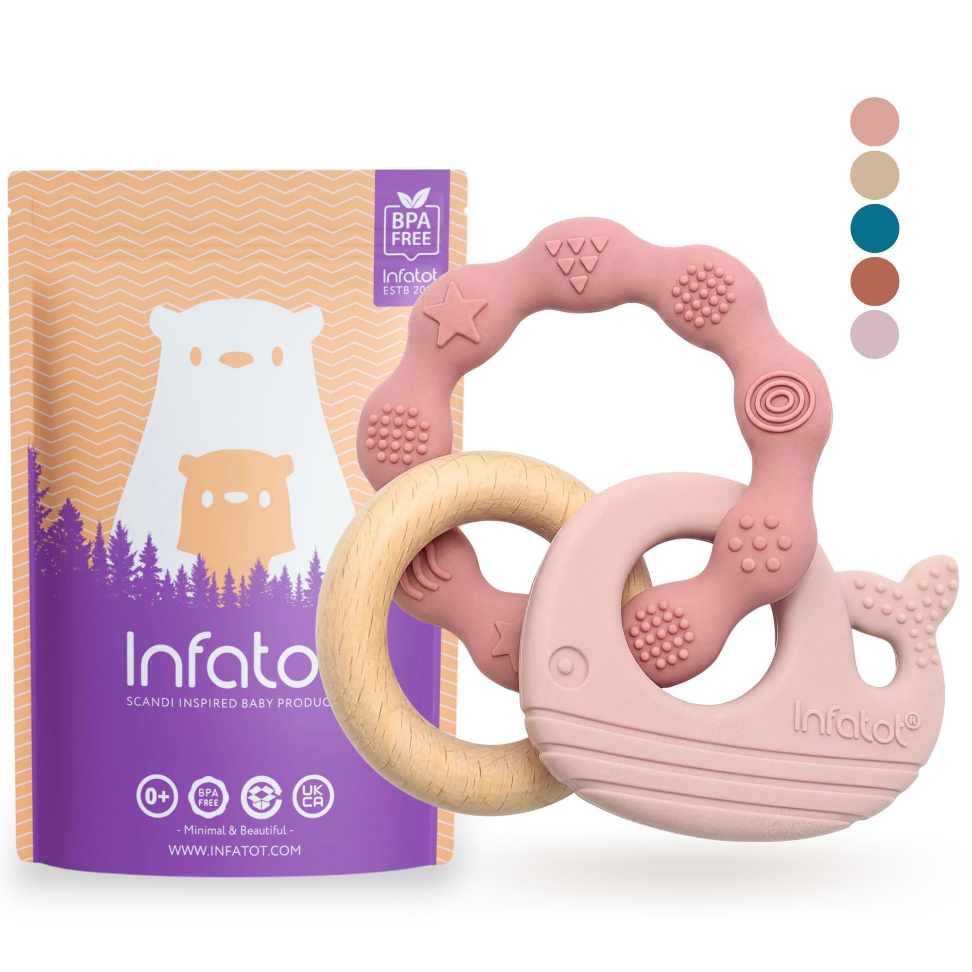 Infatot® Premium Silicone Teething Toys Baby 0–6 Months – Whale & Octopus BPA-Free Teether, Multi-Texture Sensory Chew Toy, Easy Grip, Gum Relief, Newborn Gift, Pink & Salmon