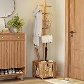 YQJJGL Solid Wood Freestanding Coat Rack with 10 Adjustable Hooks, Storage Basket and Lockable Casters, Organizes Hats, Clothes and Bags for Entryway, Bedroom, Living Room