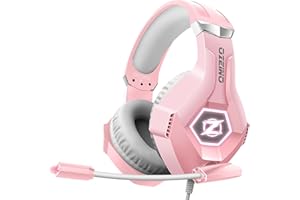 Ozeino Gaming Headset for PS4, PS5, PC, Xbox One Controller, Noise Cancelling Over Ear Headphones with Mic, LED Light, Bass Surround, Soft Memory Earmuffs -Pink