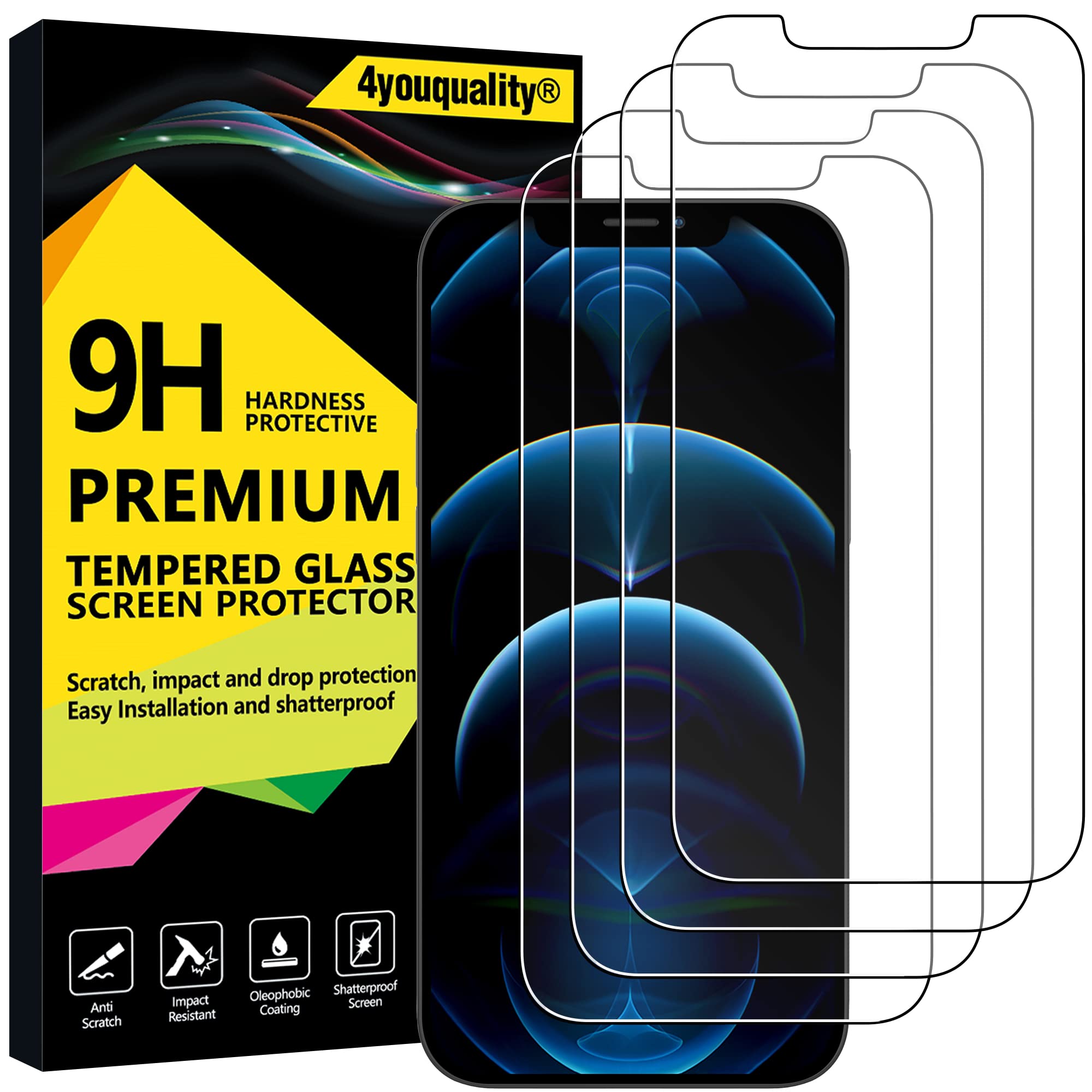 4youquality [4-Pack Screen Protector for iPhone 12 Pro Max (6.7-Inch), Tempered Glass Film, [LifetimeSupport][Anti-Scratch][Anti-Shatter]