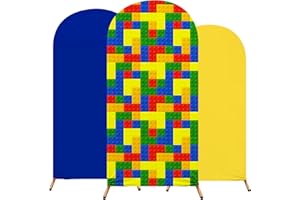 RimCereal Building Block Party Arch Cover Set of 3 Building Blocks Arch Backdrop Spandex Stretch Backdrop Stand Cover 4ft, 5ft, 6ft for Blocks Birthday Party Decor Supplies Favors(Blue,Classic)
