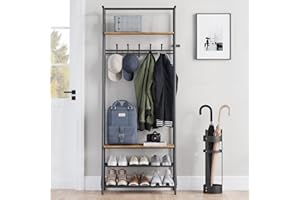 SUNNYFURN Hall Tree With Shoe Storage Bench, 4-In-1, Steel Frame With 5 Hooks for Entryway, Freestanding Coat Rack Stand for Living Room, Bedroom, Rustic Brown
