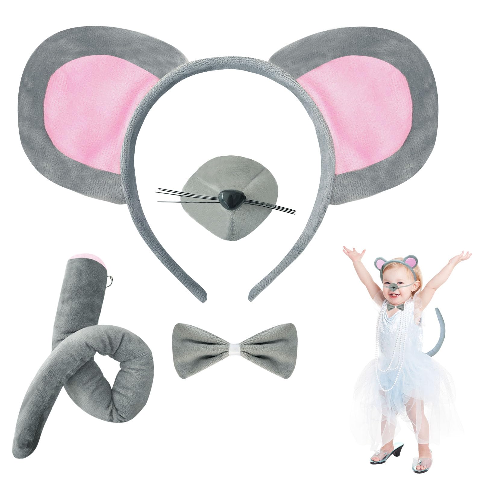 Photo 1 of Mouse Costume Accessory Set,Kids Mouse Costume Set,Mouse Ears Headband Tail Nose and Bow Tie for Halloween Cosplay Gray