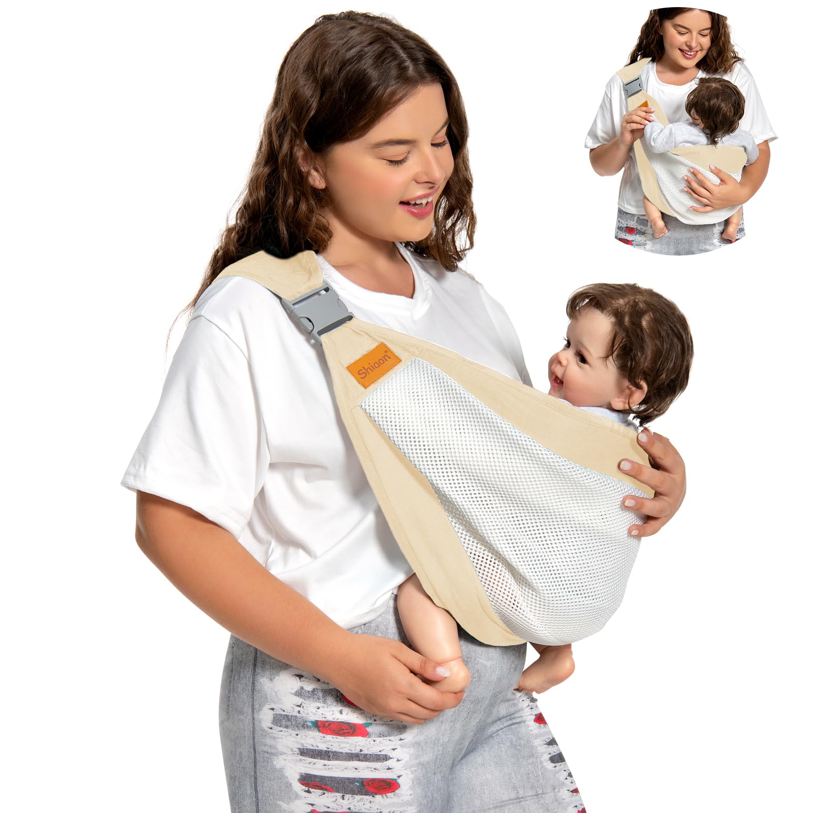 Photo 1 of Shiaon Baby Sling Carrier, Baby Carrier Newborn to Toddler(7-45lbs), Toddler Carrier with Safety Buckle, One Shoulder Adjustable Shoulder Strap, One Size Fits All, Mesh Beige