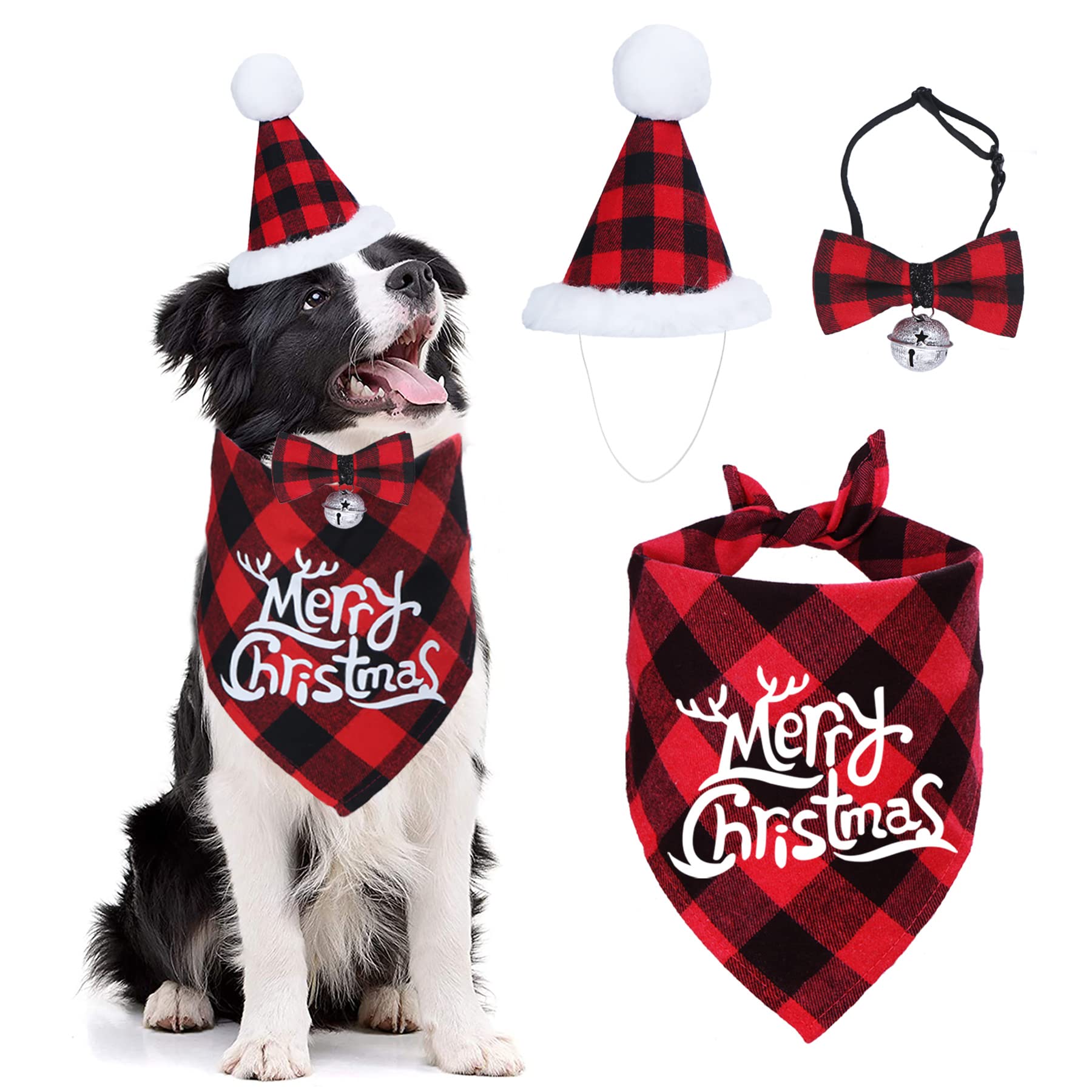 STMK Christmas Dog Bandana Set, Christmas Classic Plaid Dog Bandana Scarf Hat Bow Tie with Bell Costume Decoration for Dogs Cats Pets