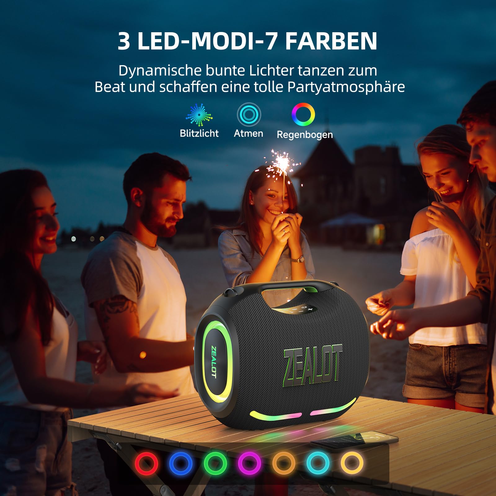 ZEALOT Tragbarer Bluetooth Lautsprecher,150W Peak,BassUp Technologie,120W Stereo Sound,RGB-Lichter,BT 5.3,USB-C,24000 mAh,IPX6 wasserdicht,Lautsprecher für Camping,Strand,Partys 5