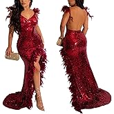 AlexQueen Women's Sexy Spaghetti Strap V Neck Mesh See Through Bodycon Sequin Gown Evening Dress with Slit