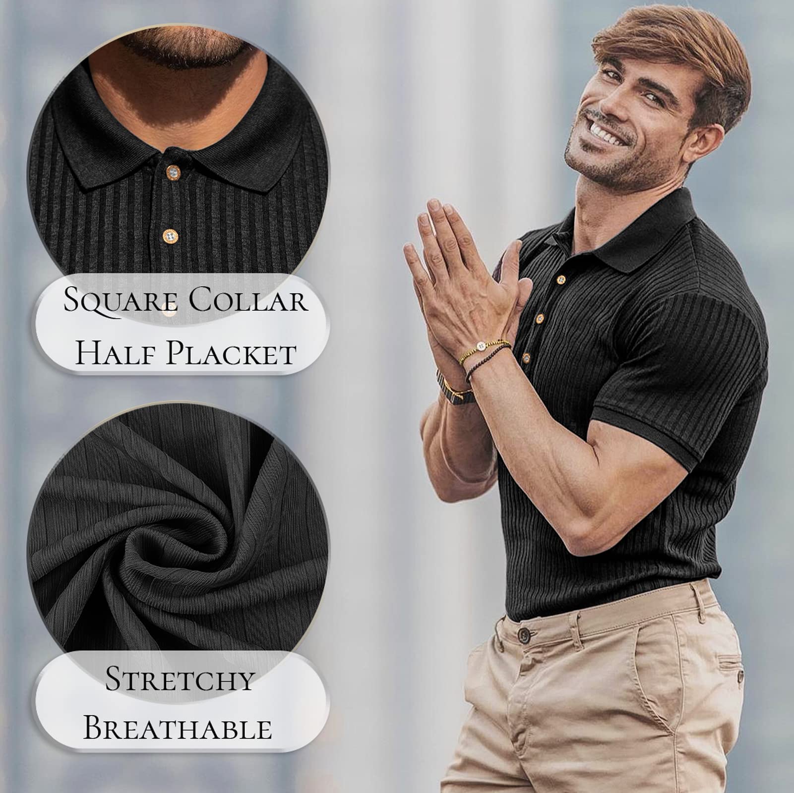 onzcy Muscle Polo Shirts for Men Short Sleeve Slim Fit Golf Shirts for Men Casual Dry Fit T Shirts Ribbed Knit Bowling Shirts
