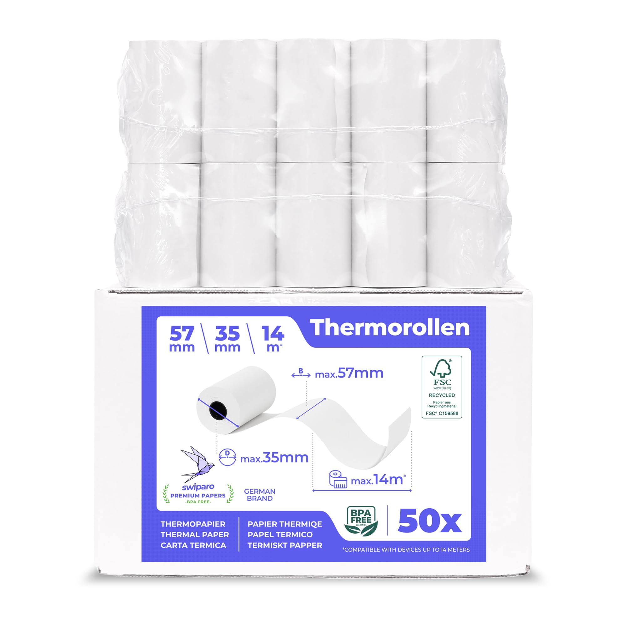 Swiparo - Ec-Cash thermal rolls 57 mm x 14 m x 12 mm - cash register rolls - thermal paper - receipt rolls for bankcomat - credit card reader (57x35x12) (50 Rolls)