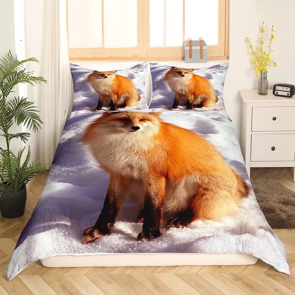 Loussiesd Fox Bedding King Snowfield Red Fox Bedding Set Teens Kids 3D Animals Duvet Cover Set Microfiber for Girls Boys Adults Decor Fox Duvet Cover