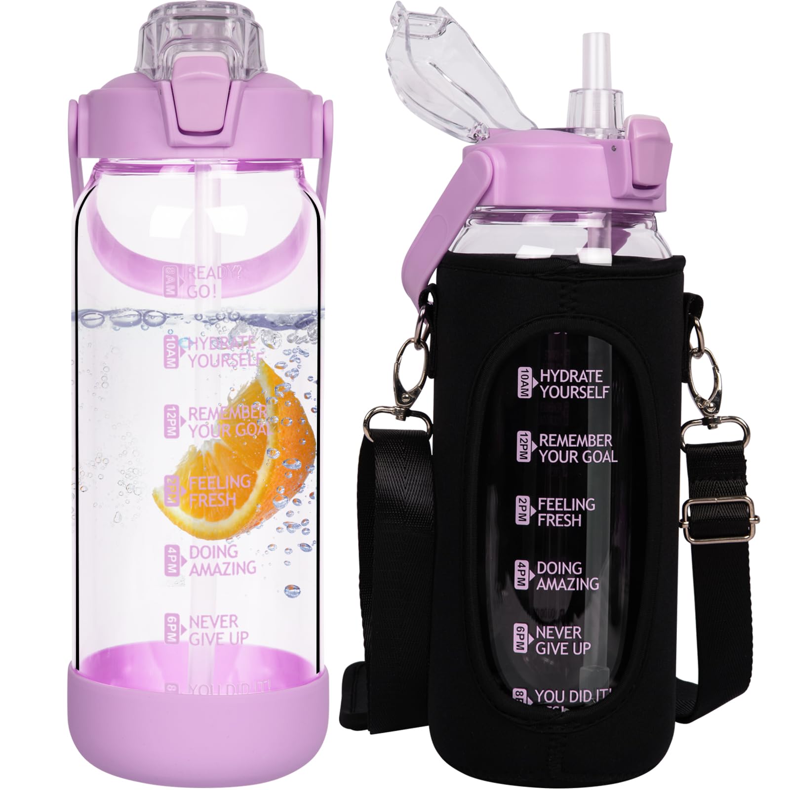 Seekua 2l Glass Water Bottle with Straw & Motivational Time Markings 2 litre Large Leakproof Gym Drinking Bottle