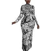 acelyn Women Sexy Mesh Maxi Dress Summer Long Sleeve Printed Ruched Bodycon Long Dress Y2K Formal Wedding Guest Dresses