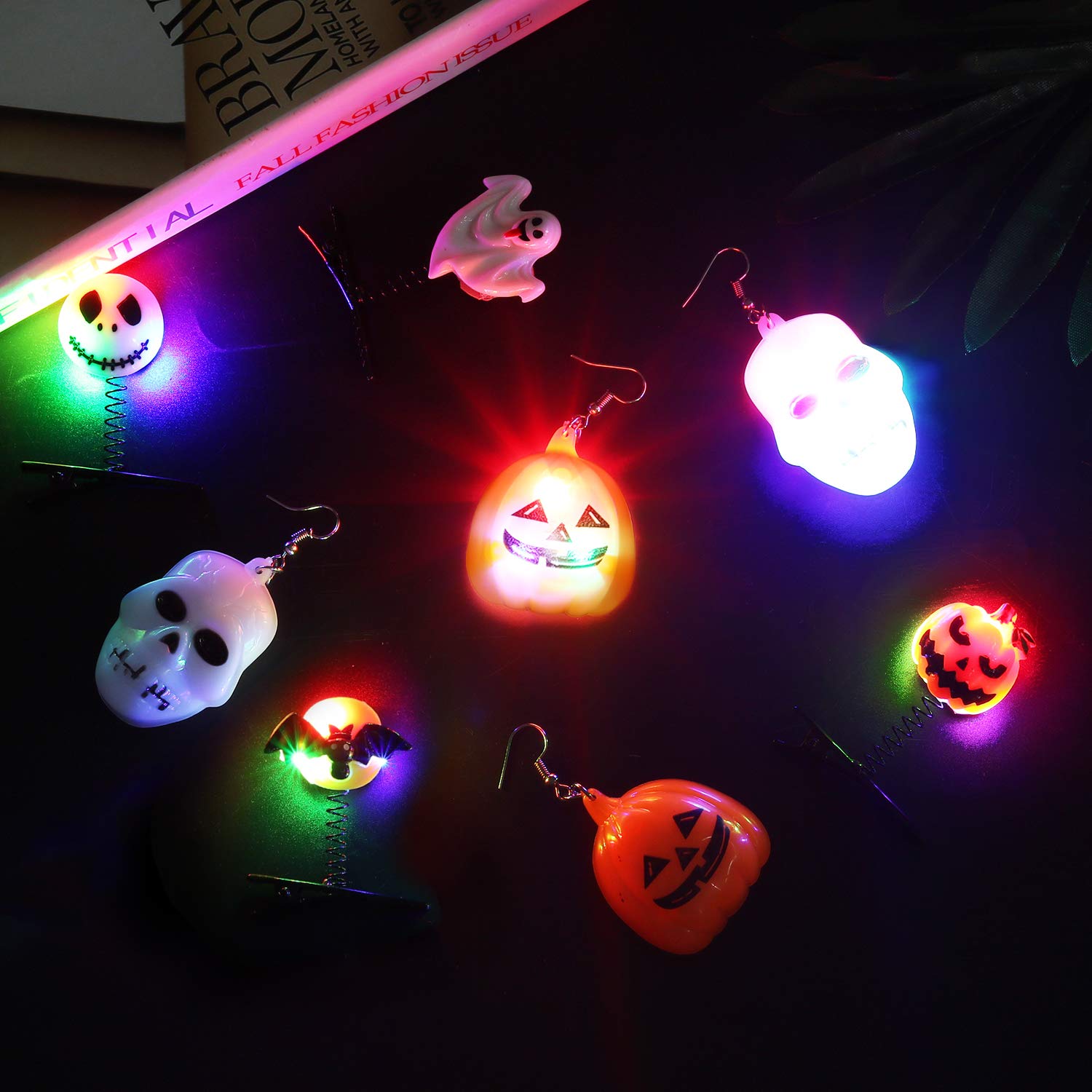 LED Light Up Earrings Hair Clips,Aniwon2 Pairs Glowing Halloween Flashing Skull Pumpkin Ear Drop Pendant With 4pcs Bright Stylish Fashion Hair Barrettes Pumpkin Bat Ghost mummy Hairpins for Halloween