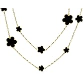 Bling Jewelry Fashion Off White Black Pink Enamel Large & Small Flower Long Silver Tone Gold Plated Station Chain Wrap Layer Clover Necklace For Women 40 Inch