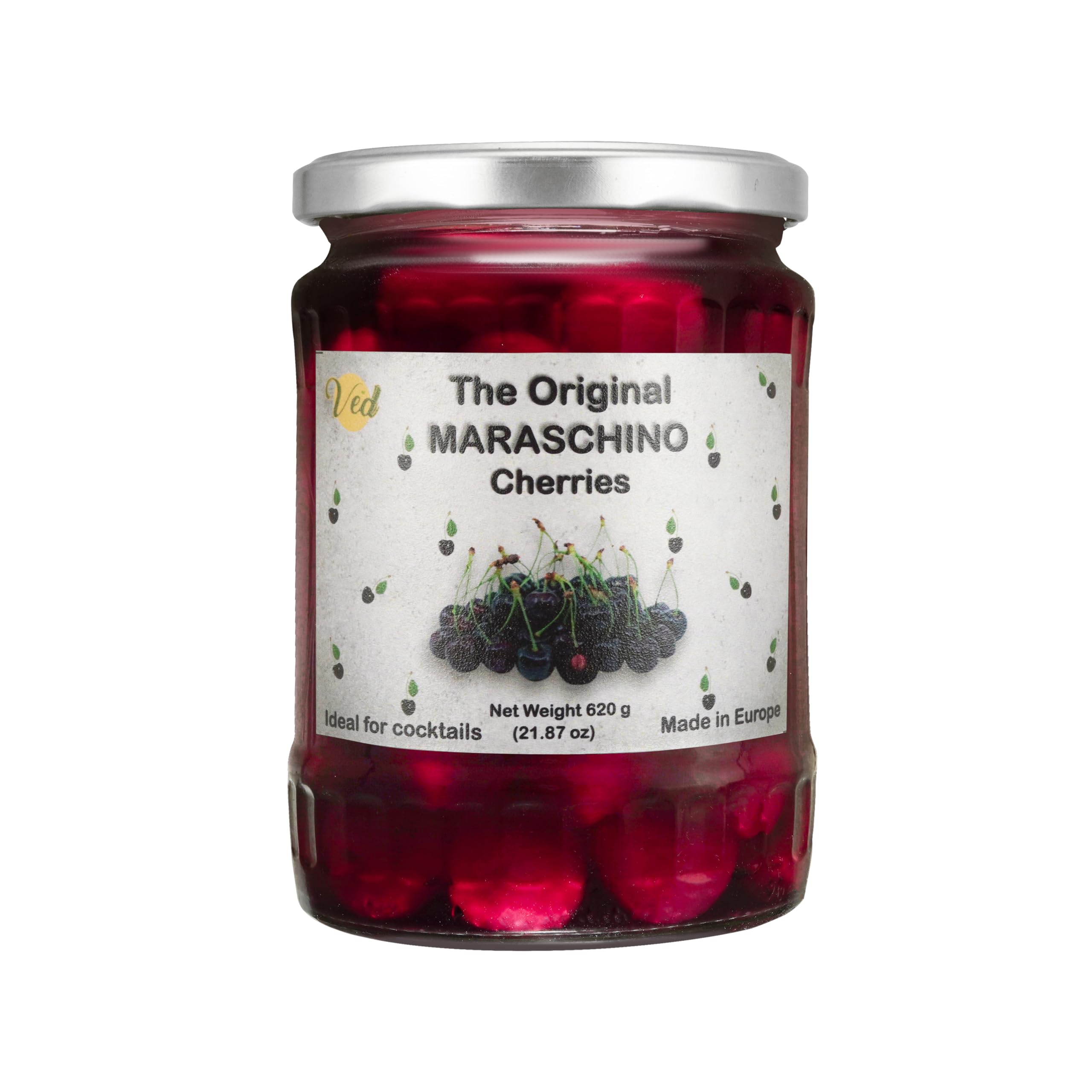 Ved Gourmet Original Maraschino Cherries - Italian Cherry for Old-Fashioned Cocktails - Vegan Cocktail, Bourbon Cherries in Natural Syrup for Cocktail Garnish - 620gJar