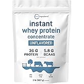 Instant Whey Protein Powder Concentrate, 2lbs | Unflavored with Fast Absorption | 26g Protein Per Serving + 5.8g BCAAs | Great for Bars, Shakes, Smoothies, Snacks, or Coffee | Non-GMO, Soy Free