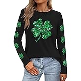 Women's St Patrick's Day T-Shirt Casual Long Sleeve Glitter Lucky Irish Shamrock Paddy's Day Graphic Tees Tops