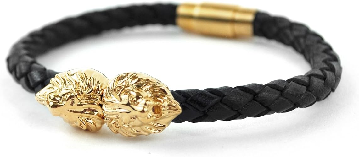 Dual Gold Lion Head Leather Bracelet Layered Designer Mens Womens