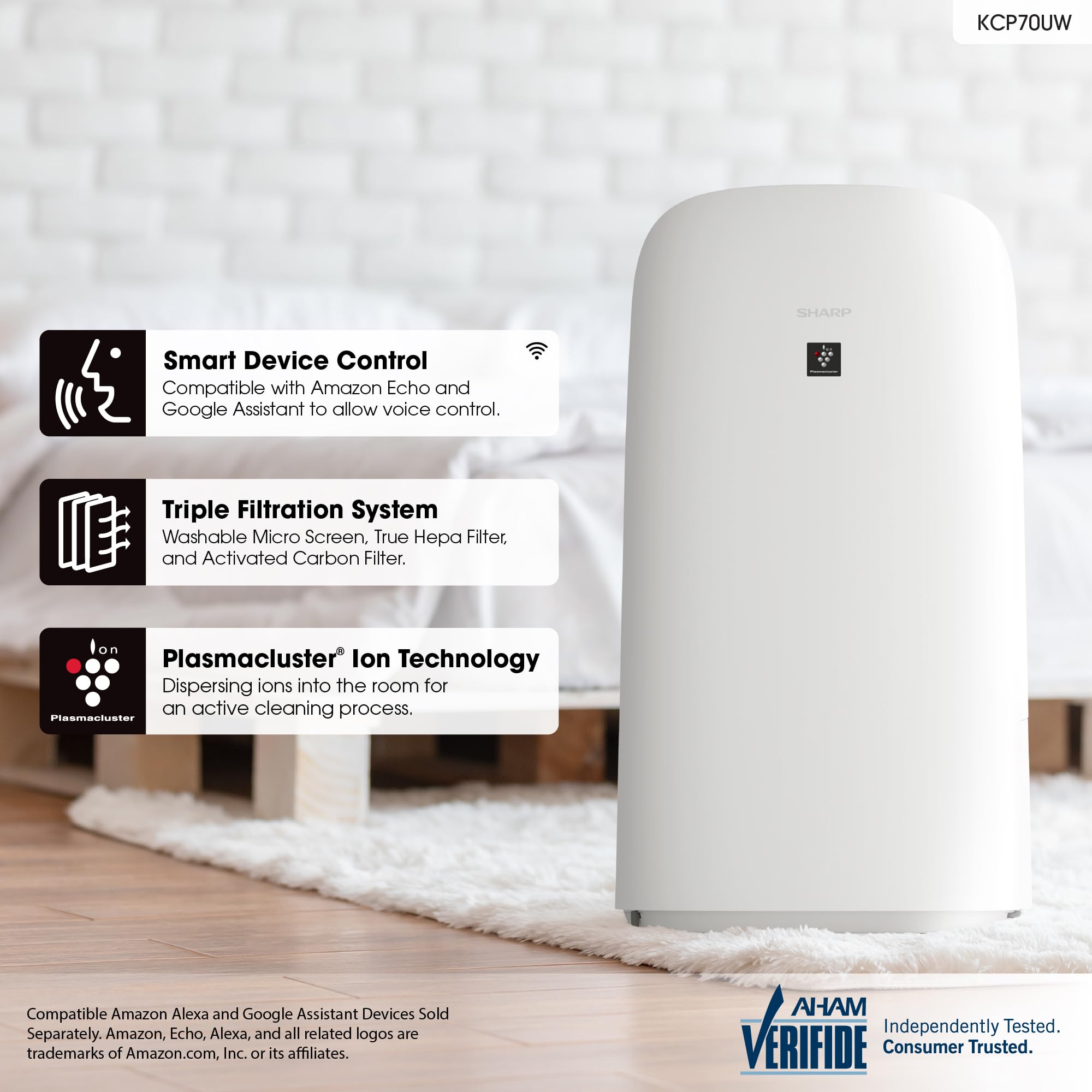 SHARP Smart Air Purifier and Humidifier compatible w/Alexa & Google Asst. Plasmacluster™ Ion Technology & Triple Filtration, incl True HEPA Filter. Covers up to 1,913 sq. ft. for Large Room. KCP70UW
