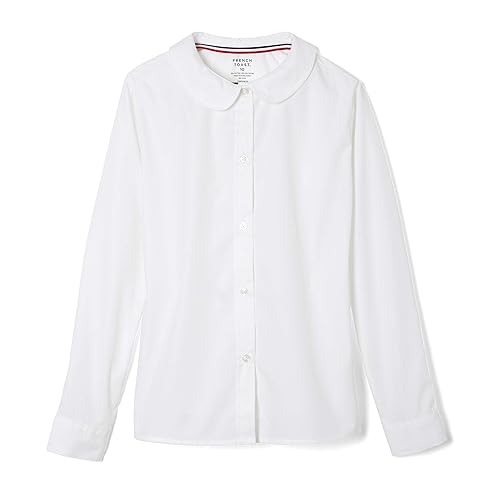 French Toast Girls' Long Sleeve Woven Blouse with Peter Pan Collar (Standard & Plus), White, 18