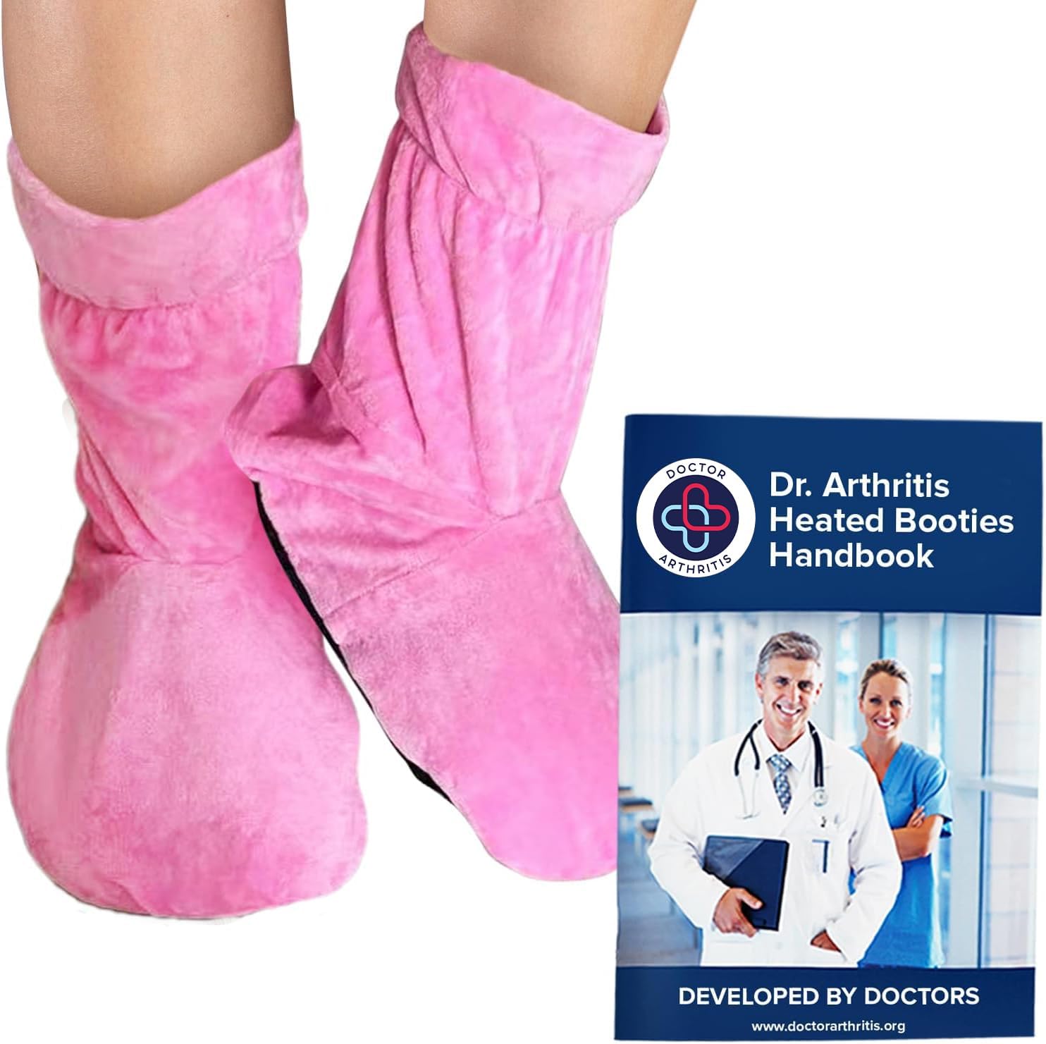 Doctor Developed Heated Booties (Not for walking in) - Foot Warmers for Women & Men - Heat Therapy Socks w/Microwavable Heating & Doctor Written Handbook (Pink)