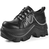 Pixviana Women's Platform Sneakers Fashion Wedge Chunky Black Casual Y2K Bride Wedding Sneaker Heels Platform Shoes for Women with Chains plataformas de Mujer Size 5.5-11