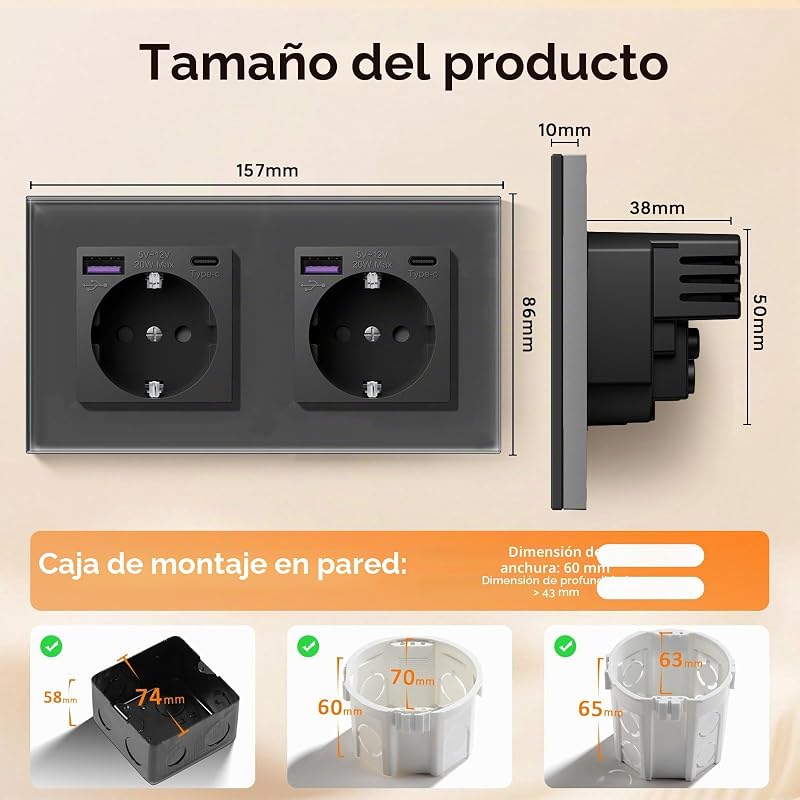 Schuko USB C 20W Pack, 1 x 1 Gang Enchufe + 1 x 2 Gang Enchufe, Toma de Corriente USB Tipo C con Panel de Vidrio, Toma de Corriente Empotrable para Teléfono, Tablet, MP3, Gris