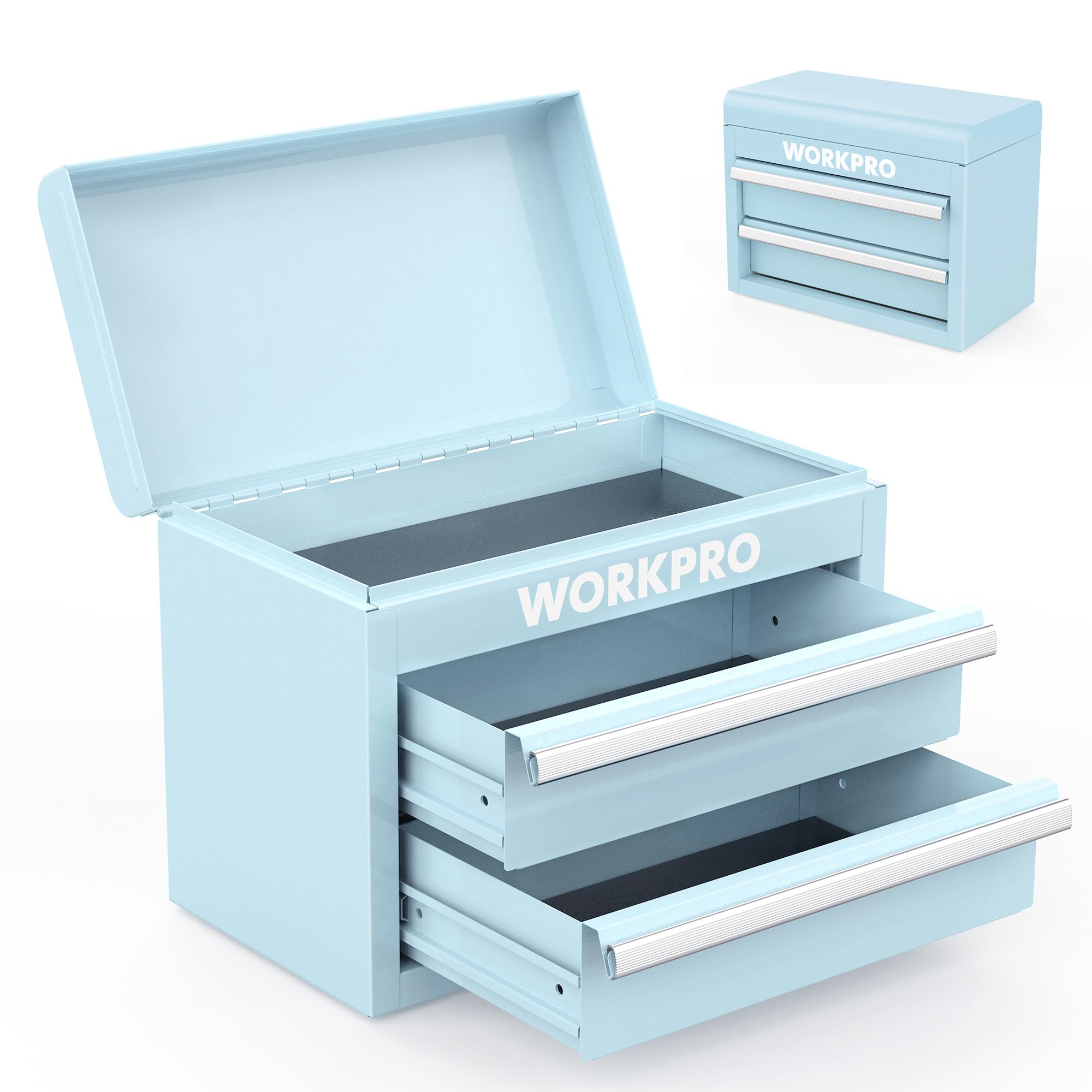 WORKPRO Mini Metal Tool Box with 2 Drawers and Top Storage, Small Tool Chest with PVC Liners and PP Feet Pads, Cold Rolled Steel Toolbox with Magnetic Tab