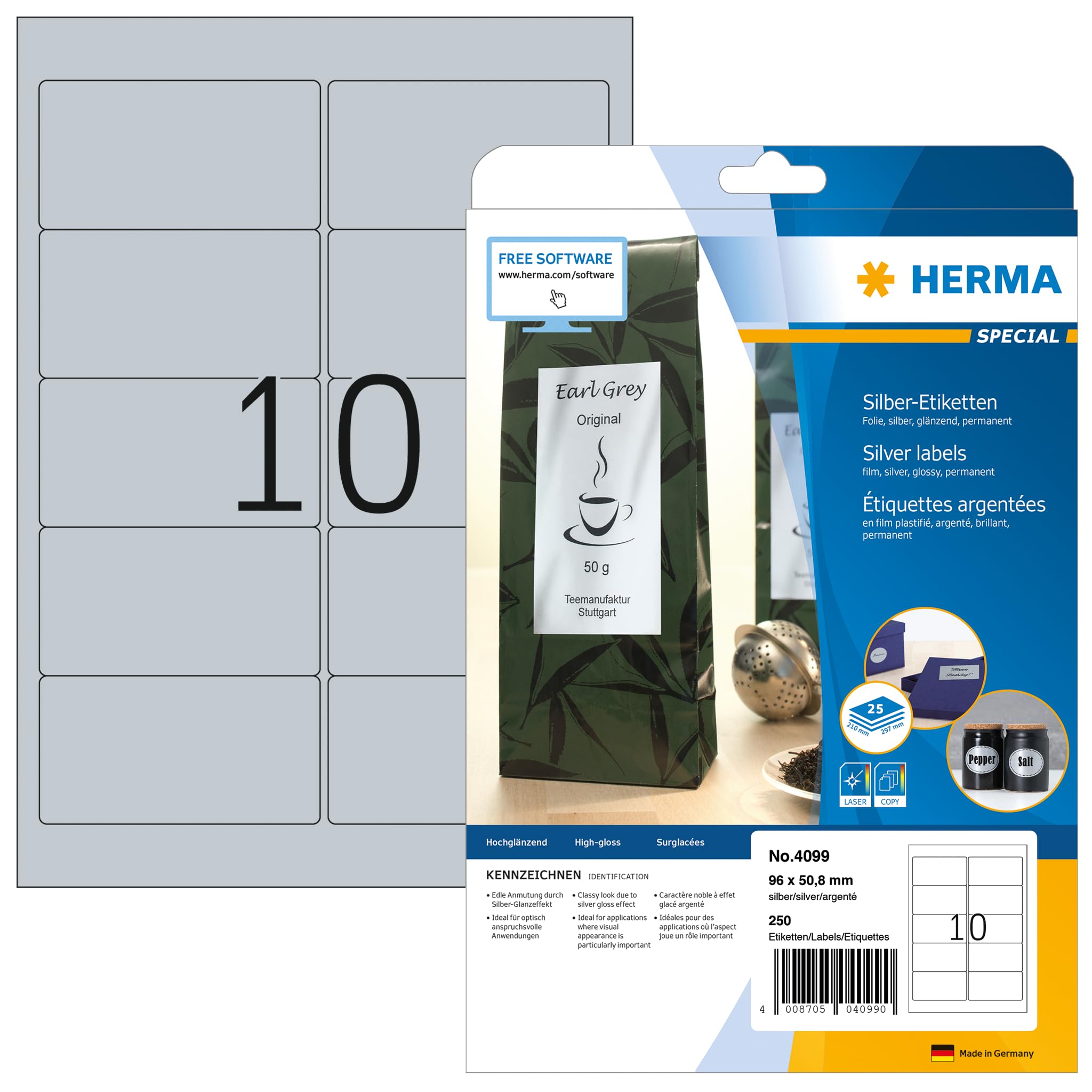 HERMA Self Adhesive Film Labels, 10 Labels per A4 Sheet, 25 Sheets, 96 x 50.8 mm, 2500 Labels, Blank Weatherproof Labels Stickers, Sticky Labels for Laser & Inkjet Printer, Silver