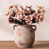 Ceramic Flower Vase Home Decor - 6 Inch Farmhouse Rustic Table Vases with Handle Living Room Decoration Decorative Vintage Pottery for Kitchen Shelf Coffee Dining Bookshelf Fireplace Centerpiece