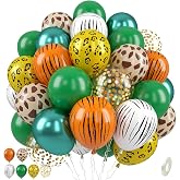 Jungle Safari Balloons, 50 Pcs Animal Print Balloons for Birthday Party | Tiger Zebra Leopard Deer Printed, Metallic Gold Confetti, Metallic Dark Green for Baby Shower, Wild Lion Theme Decorations