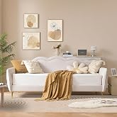 VELOCAVA Twin Size Upholstered Daybed with Cloud-Shaped Backrest, Modern Linen Sofa Bed with Metal Legs, Wood Slat Support for Bedroom, Living Room, Guest Room, Beige White