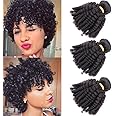 Brazilian Funmi Human Hair Bundles 8 10 12in, Afro Kinky Curly Hair Bundles Short Curly Weave, Unprocessed Brazilian Virgin Human Hair Bouncy Curl Extensions (8" 10" 12", Natural Black)